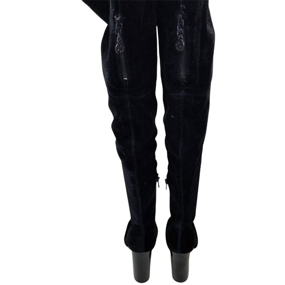 Guess 7.5 Black Velvet Thigh High Heeled Boots LOLO Patent Leather Cap Toe - Picture 2 of 10